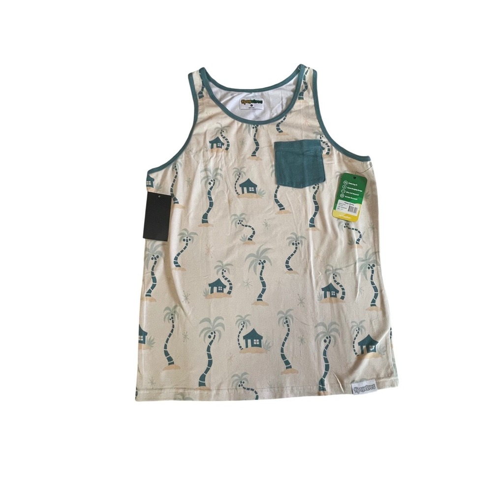 Tipsy Elves Beach House Tank Top Cream Teal Palm Tree Print Small NWT